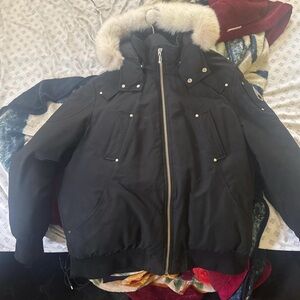 Moose Knuckles Dark Puffer Jacket with Light Fur Hood